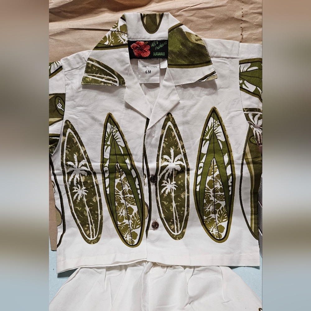 Ali'i Fashions Hawaii 6 month button up shirt and shorts, white and olive